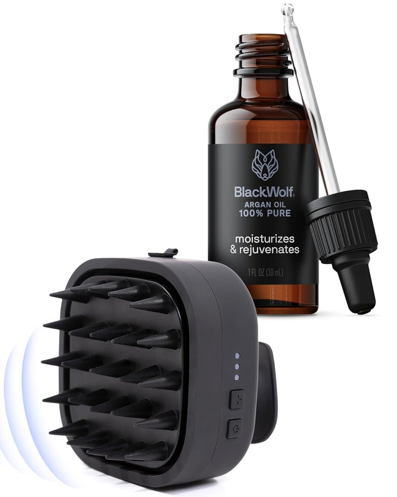 Black Wolf Sonic Scalp Head Massager & 100% Pure Argan Oil Bundle - Hair Care Products for Healthy Looking Hair & Scalp - Men's Shower & Bathroom Essentials Set - Image 1
